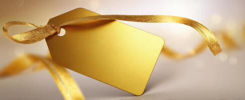 The luxurious golden gift tag adorned with a beautiful ribbon. photo