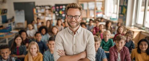 The cheerful teacher smiling confidently with his diverse class in a bright classroom photo