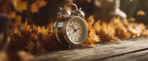 The vintage alarm clock surrounded by autumn leaves on a rustic table photo