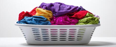The colorful laundry basket filled with freshly washed clothes and textiles. photo