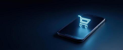The smartphone displaying a glowing shopping cart icon on the screen. photo