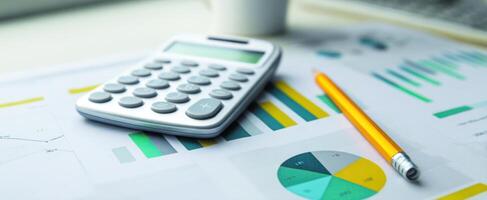 The calculator and reports on a desk for financial analysis and planning photo