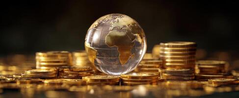The golden globe resting atop a pile of coins representing global wealth and prosperity. photo