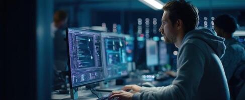 The programmer immersed in code at a modern digital workspace. photo