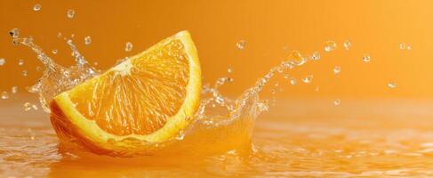 The Orange Slice Splashing in Fresh Juice Against a Vibrant Background photo