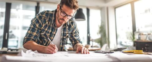 The architect meticulously designing plans in a modern office environment. photo