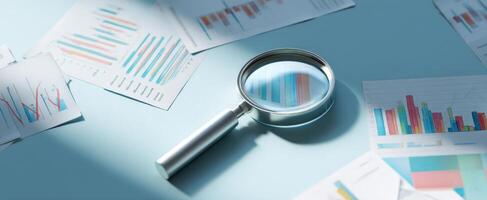 The magnifying glass focused on business graphs and statistical data. photo