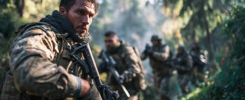 The soldier in camouflage leading a tactical team through a dense forest. photo