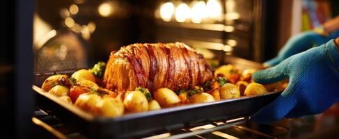 The delicious roast overflowing with perfectly cooked vegetables in the oven. photo
