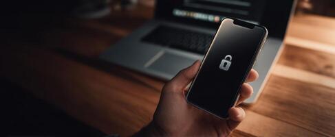 The smartphone displaying a lock symbol in a dark workspace setting. photo