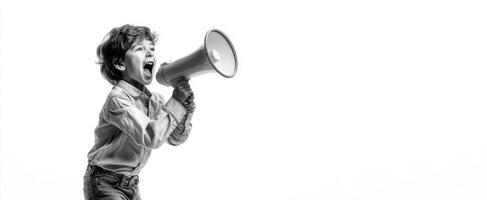 The boy passionately shouting into a megaphone in a studio environment. photo