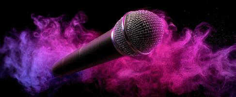 The microphone surrounded by colorful smoke in a dramatic display. photo