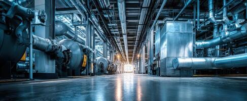 The industrial machinery interior showcasing intricate piping and engineering design. photo