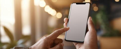 The modern smartphone held by a user in a bright environment. photo