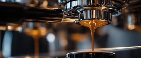The espresso extraction process showcasing rich liquid flow and equipment craftsmanship. photo