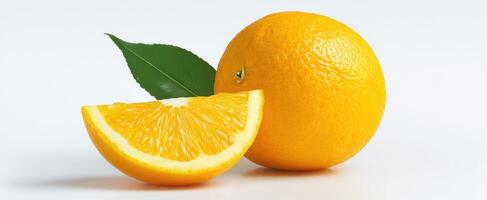 The vibrant orange with a fresh slice and green leaf accent. photo