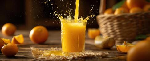 The vibrant orange juice splash in a glass surrounded by fresh fruit. photo