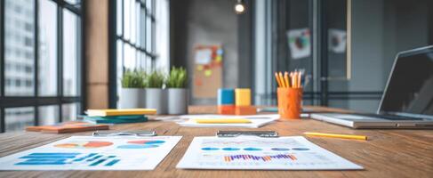 The Organized Workspace with Colorful Documents and Tools for Effective Planning photo