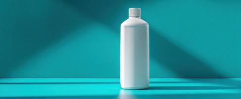 The sleek white bottle standing against a vibrant turquoise backdrop photo