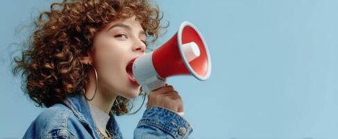The woman with a megaphone passionately communicating a powerful message. photo