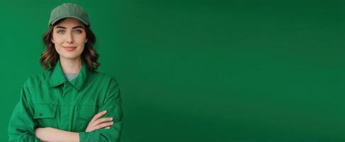 The confident woman in a green uniform showcasing a friendly smile. photo