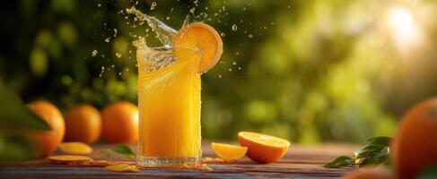 The refreshing orange juice splash in a sunny outdoor setting. photo