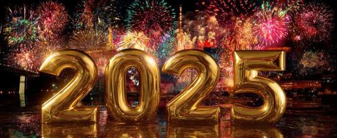 The Golden 2025 Surrounded by a Spectacular Fireworks Display Celebrating New Year photo