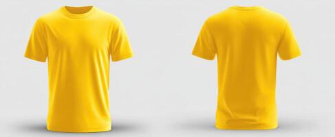 The vibrant yellow t-shirt displayed from front and back views in a studio setting. photo