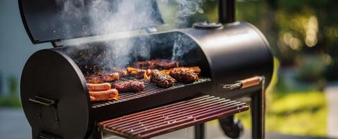 The barbecue grill producing smoky flavors with sizzling meats. photo