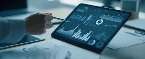 The tablet displaying comprehensive data analytics in a modern office setting. photo