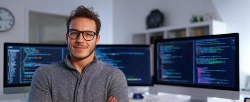 The confident programmer working in a modern tech workspace with multiple screens. photo