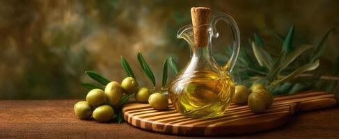 The Elegant Olive Oil Bottle Surrounded by Fresh Olives and Greenery photo