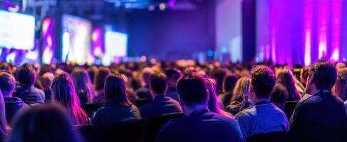The audience captivated by a dynamic presentation at a vibrant conference event. photo
