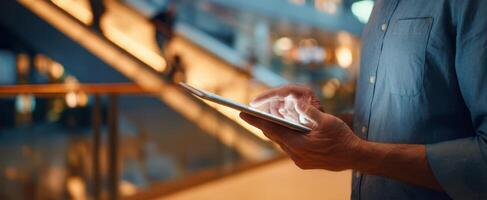 The modern individual using a tablet in a bustling shopping environment. photo