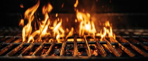 The mesmerizing flames dancing above a sizzling grill at sunset. photo