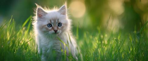 The adorable fluffy kitten sitting gracefully in the vibrant green grass. photo