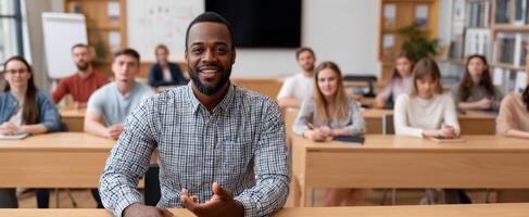 The smiling teacher leading an engaging classroom session with attentive students. photo