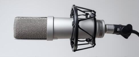 The professional microphone ready for recording in a modern studio setting. photo