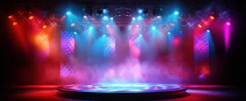 The vibrant stage illuminated with colorful lights and fog for performances. photo