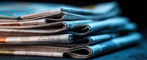 The stacked collection of newspapers showcasing vibrant journalism and captivating stories. photo