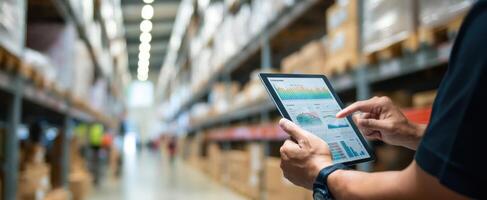 The professional analyzing data on a tablet in a warehouse environment. photo