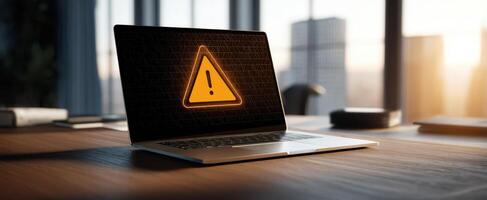 The laptop displaying a warning alert in a modern office environment. photo