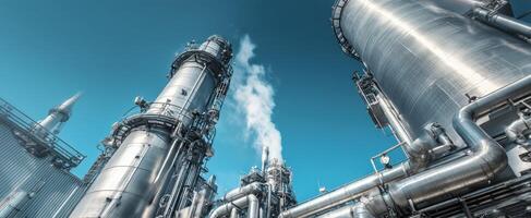The towering industrial structures of a modern refinery against a clear blue sky. photo