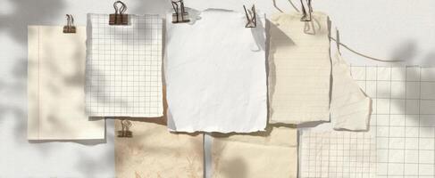 The creative arrangement of various blank papers hanging on clips photo