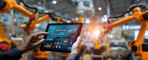 The tablet displaying analytics in an automated factory environment with robots. photo