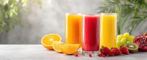 The vibrant display of fresh fruit juices in stylish glasses. photo