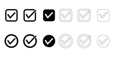 Checkmark icon set. Approved symbol, checked checkbox mark, checkmark set, correct, accept sign. Editable line. check list circle frame, check mark box square frame. vector