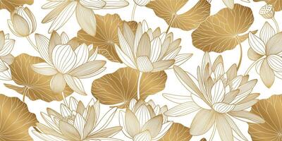 Chinese seamless pattern with lotuses. Gold line drawing of lotus flowers and leaves for a luxury prints vector