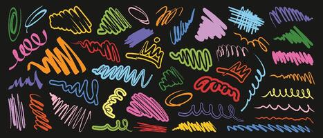 Colorful neon sketches, strokes, and doodles on a black background. Hand-drawn squiggly lines, spirals, underlines, and crowns, decorative elements for creative design and note-taking. vector