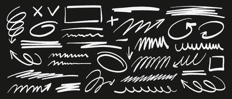Group of arrows, scribbles, highlights, squiggles and frames. Hand-drawn doodle marker drawing. Freehand different curved arrows, crosses, circles and check marks vector